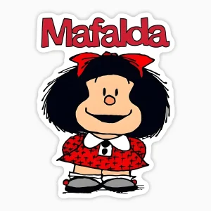 Mafalda feliz con letrero